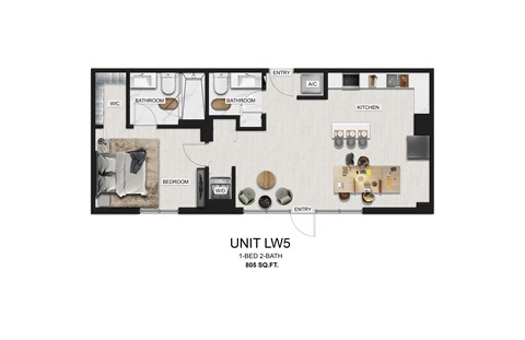 Floor plan for 1 bed, 1.5 baths, 805 sqft